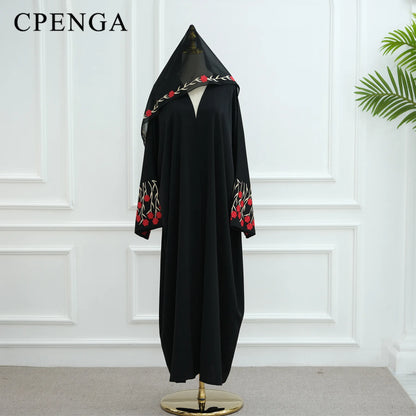 Luxury Embroidered Sleeve Cardigan for Muslim Women Ramadan Modest Abaya Dress with Hijab Elegant Islamic Party Turkish Outfit