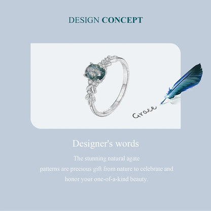 WOSTU Natural Moss Agate Ring For Women  925 Sterling Silver Oval Cut Sea Grass Agate Flower Rings Wedding Party Jewelry Gift