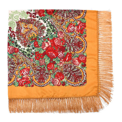 Russian Scarf Head Wrap for Women Luxury Ukrainian Manila Shawls Folk Cotton 160cm National Shawl Floral Print Travel Bandana - AMULET RING STORE