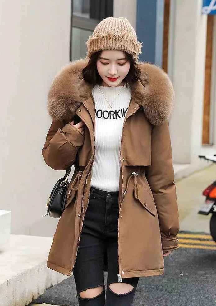 2025 Winter Women's Parka Cotton Padded Coat Korean Style Mid Length Waist Cinching Thickened for Cold Suitable for Short Girls