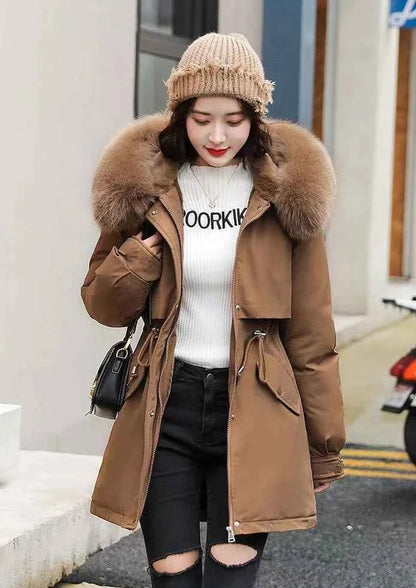 2025 Winter Women's Parka Cotton Padded Coat Korean Style Mid Length Waist Cinching Thickened for Cold Suitable for Short Girls