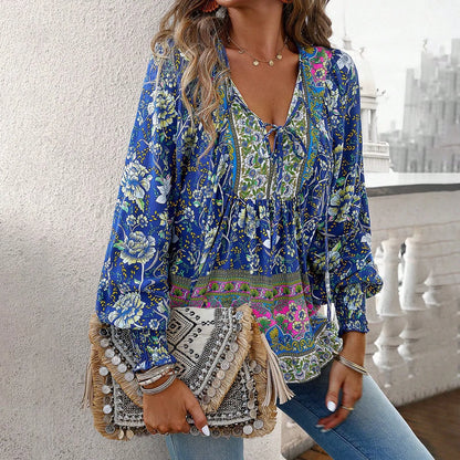 2024 Summer Fashion New Women's Elegant Casual Printed V-neck Shirt with Bubble Sleeves and Loose Commuting Style Top - AMULET RING STORE