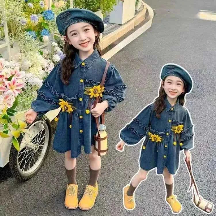 2025 New Arrival Girls' Little Korean Stylish Denim Long Sleeve Dress for 4-12 Years Old Kids Spring/Autumn