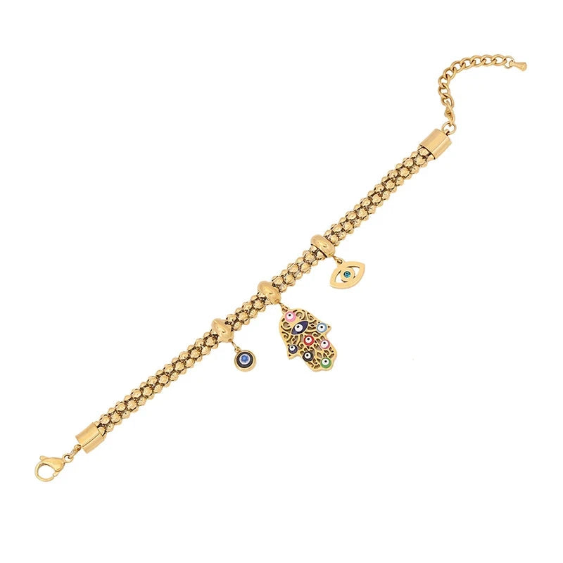 316L Stainless Steel New Fashion Fine Jewelry Colourful Eyes Palms Charm Hollow Thick Chain Necklace Bracelet Earrings For Women - AMULET RING STORE