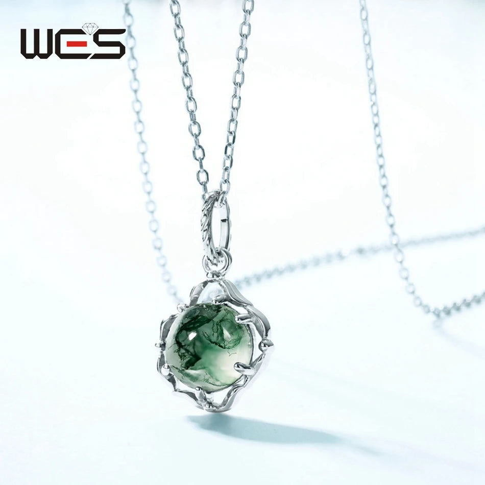 WES 100% 925 Silver Natural Unique Moss Agate Pendant Necklace for Woman Forest Jewelry Engagement Gift Boho Style Wholesale - AMULET RING STORE