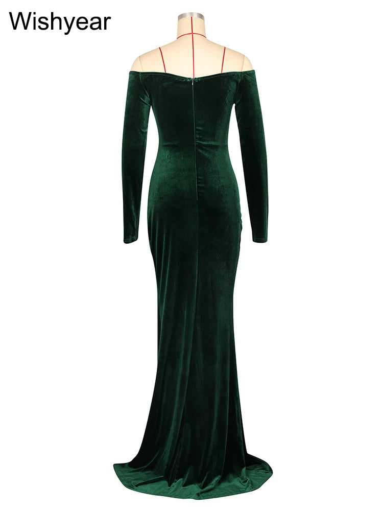 Elegant Women Velvet Off Shoulder Long Sleeve Ruched Split Mermaid Dress Luxury Wedding Evening Birthday Party Festival Vestidos - AMULET RING STORE