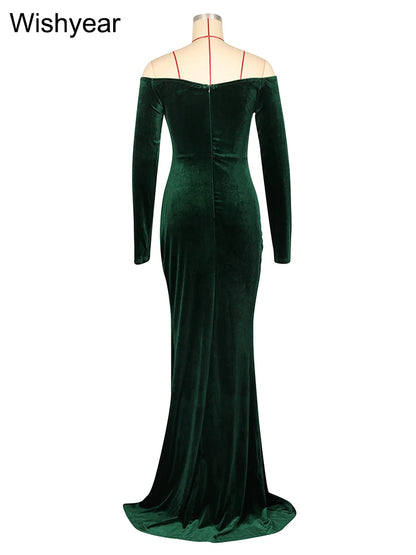 Elegant Women Velvet Off Shoulder Long Sleeve Ruched Split Mermaid Dress Luxury Wedding Evening Birthday Party Festival Vestidos - AMULET RING STORE
