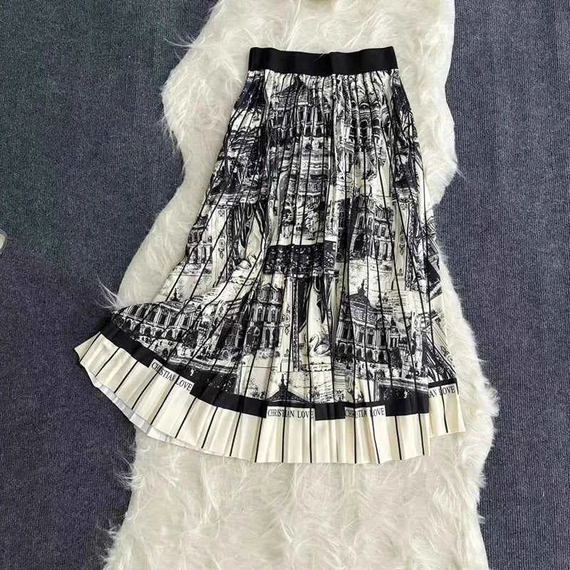 Autumn Skirts Womens New Vintage Floral Print Pleated Skirt Elastic High Waist Casual Midi Skirt Women Clothes Jupe