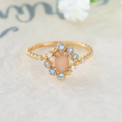 LAMOON Vintage Natural Orange Moonstone Ring For Women Exquisite Luxury Court Style 925 Sterling Silver Gold Plated Fine Jewelry