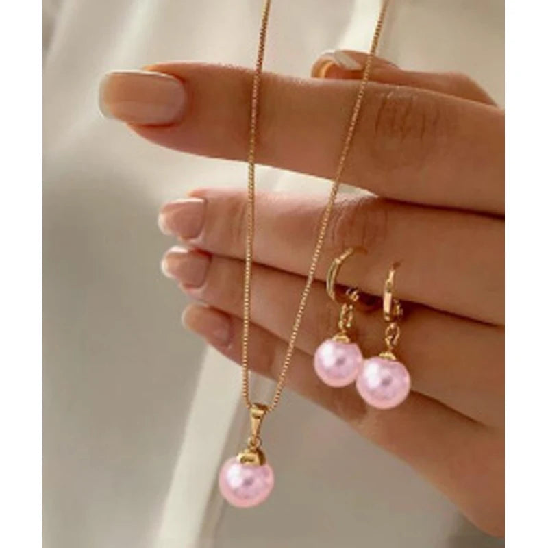 LATS 3 Pcs/Set Round Pearl Pendant Necklace For Women Exquisite Fashion Rhinestone Double  Earring Wedding Jewelry Set Gift