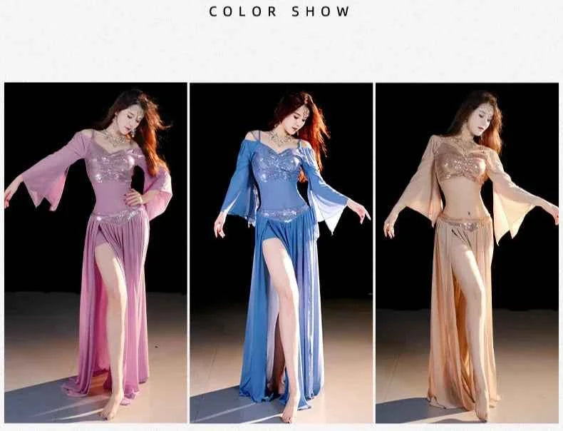 Belly Dancing Wear Outfit for Women Mesh Long Sleeves Top+gauze Long Skirt 2pcs Training Set Oriental Belly Dance Costume Set