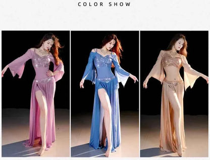 Belly Dancing Wear Outfit for Women Mesh Long Sleeves Top+gauze Long Skirt 2pcs Training Set Oriental Belly Dance Costume Set