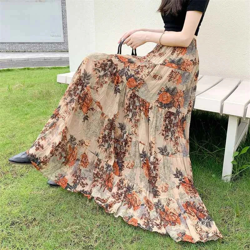 Retro Floral Pleated to Ankle f Skirt Women's Draped High Waist Midi A-Line Skirt Polyester Fiber Spring Season