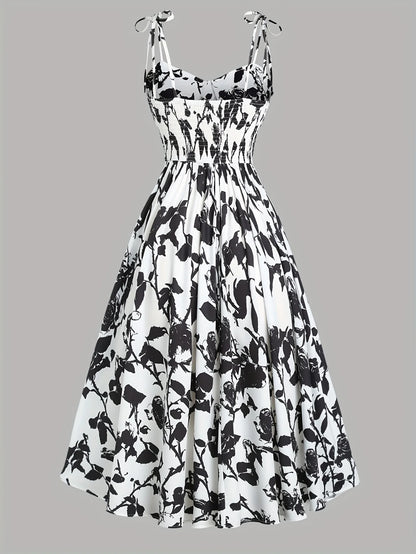 2024 European and American fashion plus size women's new flower print A-line skirt bow tie slit dress