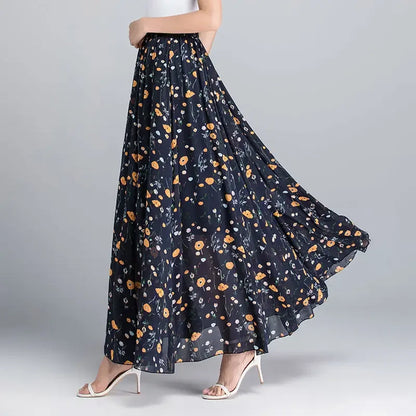 Chiffon Floral Maxi Summer Skirt Women Long High Waist Holiday Dance Skirt Elegant Beach Boho Hot Sale Lady Vintage Girl Fairy