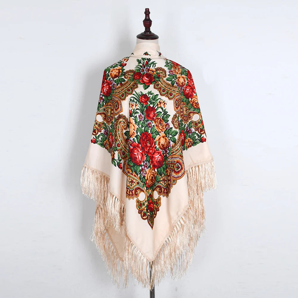 Russian Scarf Head Wrap for Women Luxury Ukrainian Manila Shawls Folk Cotton 160cm National Shawl Floral Print Travel Bandana - AMULET RING STORE