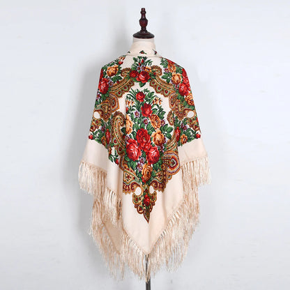 Russian Scarf Head Wrap for Women Luxury Ukrainian Manila Shawls Folk Cotton 160cm National Shawl Floral Print Travel Bandana - AMULET RING STORE