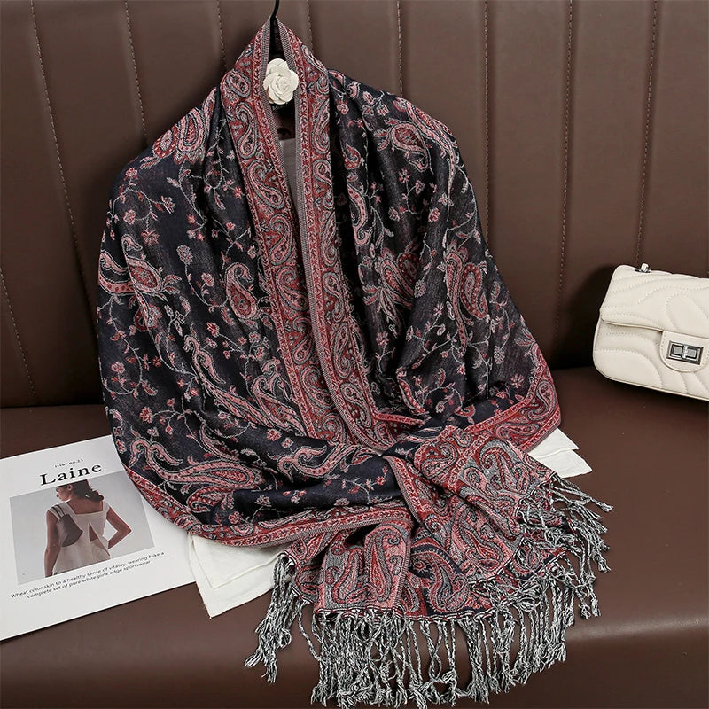 Women National Style Flower Pattern Scarf Jacquard Pashmina Cashmere Tassel Classic Shawl Coldproof Warm Neck Protection
