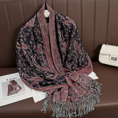 Women National Style Flower Pattern Scarf Jacquard Pashmina Cashmere Tassel Classic Shawl Coldproof Warm Neck Protection