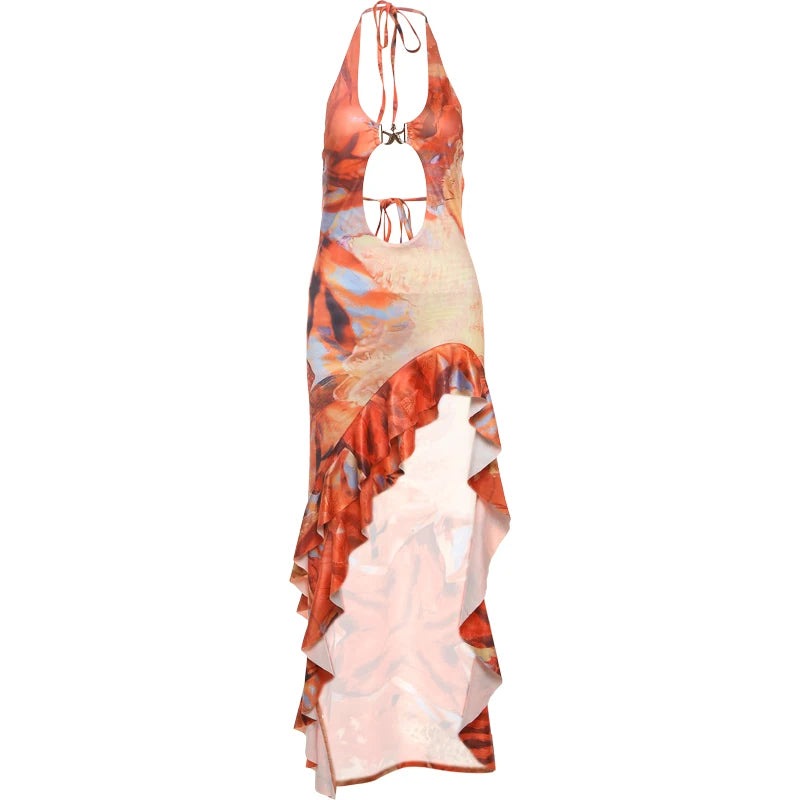 Nibber Bandage Dress Women Halter Metal Buckle Y2K Hollow Backless Summer Trend High Split Ruffles Sexy Elegant Maxi Bodycon - AMULET RING STORE