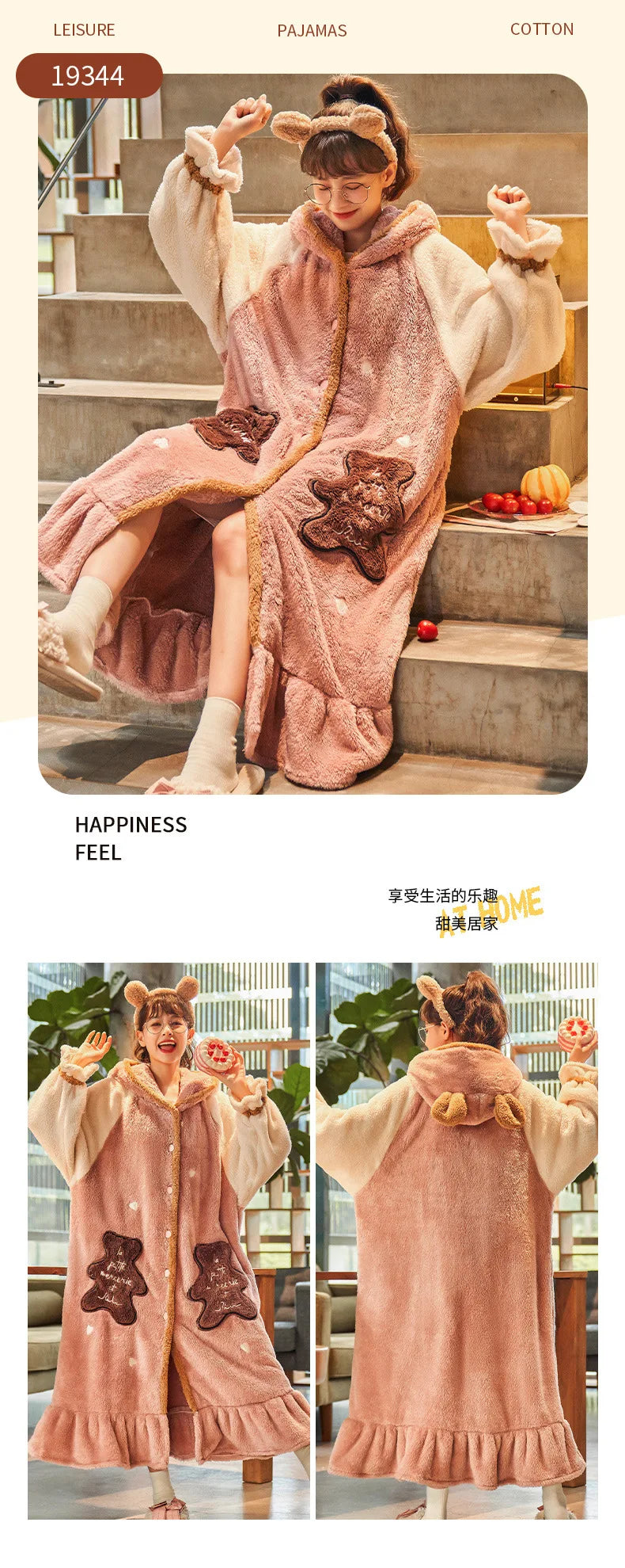 2024 Winter Pajamas For Women Cartoon Hooded Long Robe Strawberry Jacket Cute Home Wear Sleepwear Kawaii Flannel Warm Bathrobe - AMULET RING STORE