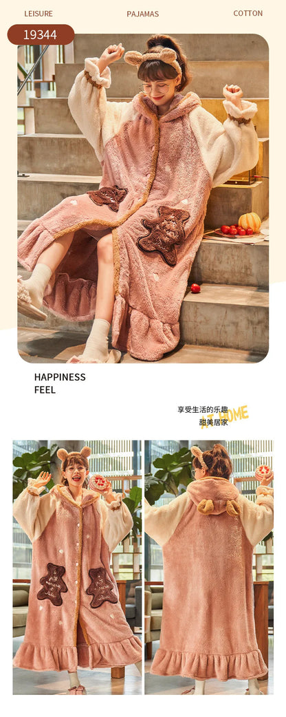 2024 Winter Pajamas For Women Cartoon Hooded Long Robe Strawberry Jacket Cute Home Wear Sleepwear Kawaii Flannel Warm Bathrobe - AMULET RING STORE