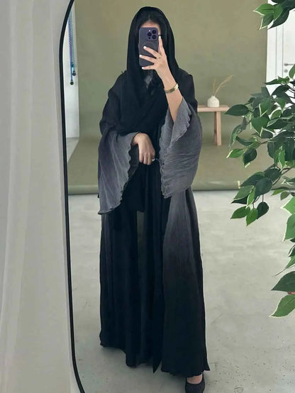 Middle Eastern Women Abayas Casual Kaftans Arabian Maxi Dresses Long Sleeve Pleated Open Front Abaya Jilbabs Without Hajib