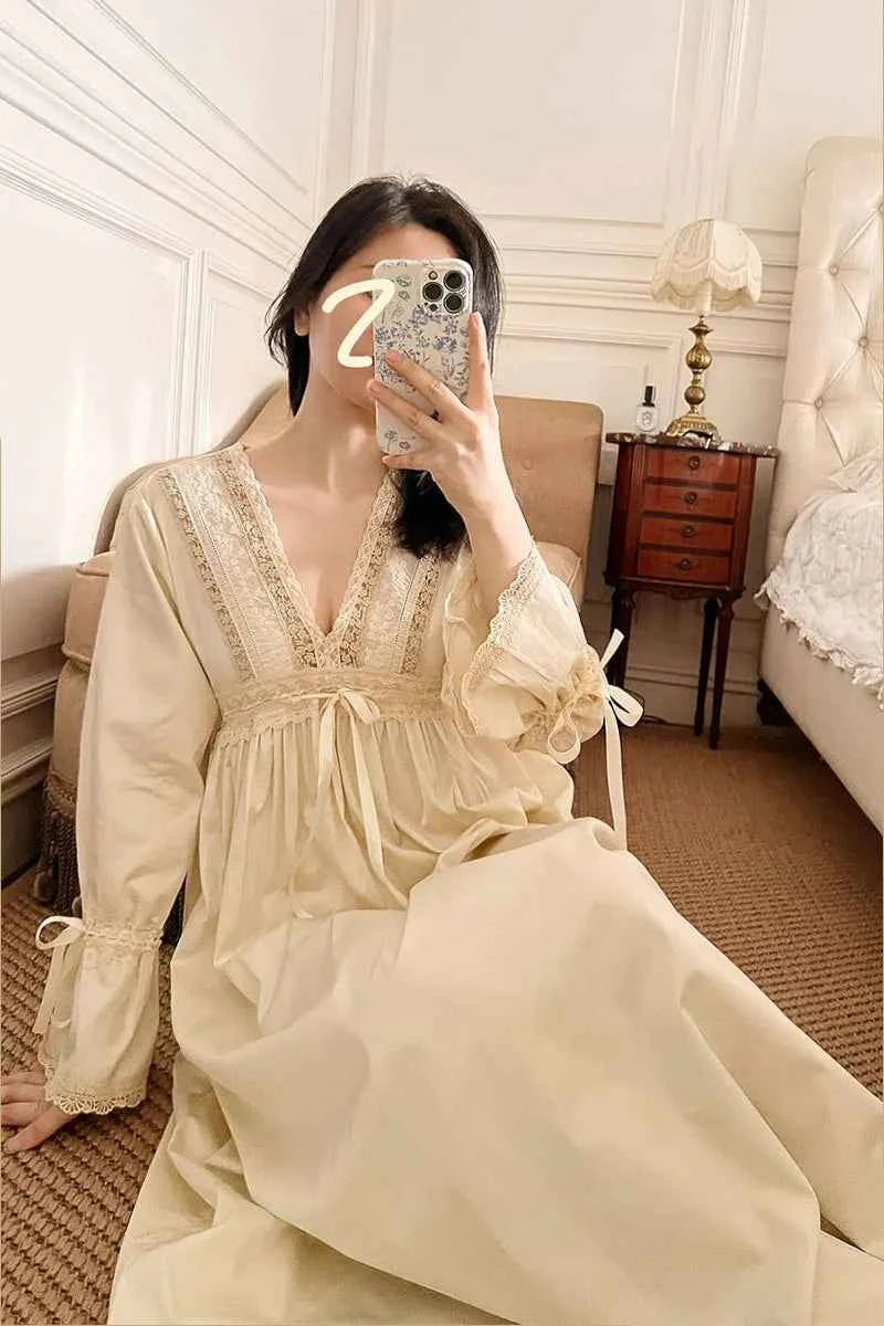 Vintage Embroidery Cotton Long Nightgowns For Lady Lace  Long Sleeve Beige Elegant Nightshirts Comfortable Sexy Night Dress
