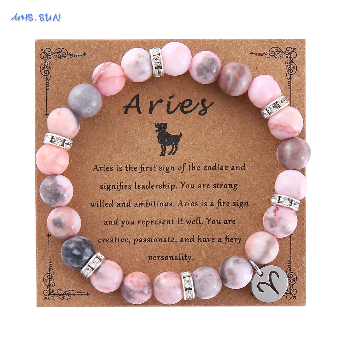 MHS.SUN 12 Star Zodiac Sign Pink Zebra Stone Beaded Bracelets Constellation Fashion Birthday Party Jewelry For Women Men