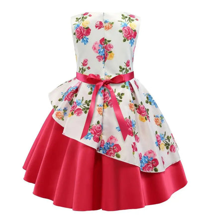 Summer Girls Rose Print Dress Princess Wedding Birthday Party Frocks Satin Children Vestidos Dresses For Girl Christmas Clothing