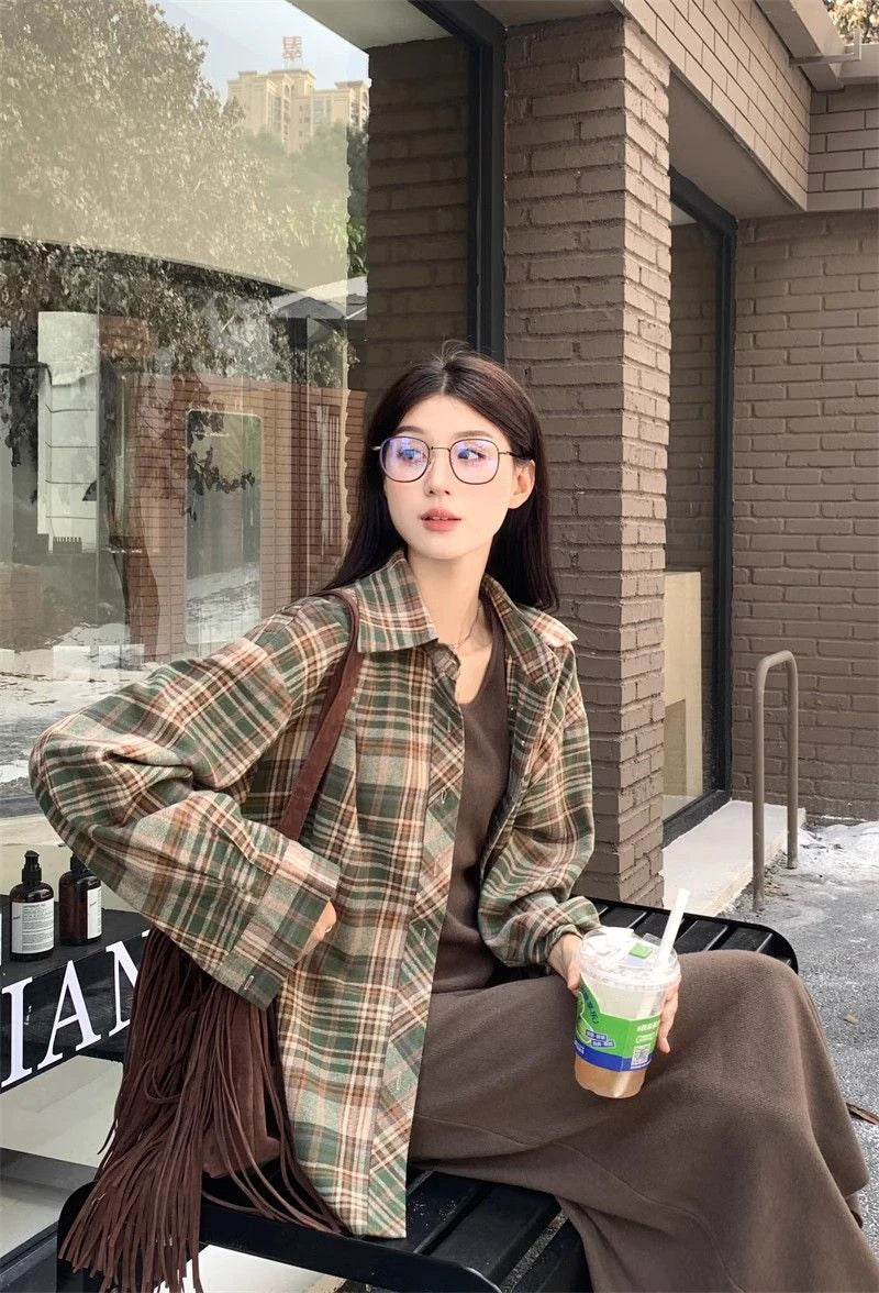 Zoki American Y2K Plaid Shirt Women Loose Streetwear Long Sleeve Vintage Blouse Casual Oversize All Match Female Spring Tops New - AMULET RING STORE