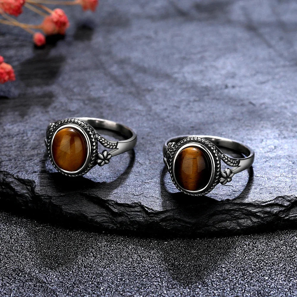 Natural 8*10MM Tiger's Eye Stone Finger Ring Fashion Jewelry Rings for Women Gift S925 Silver Flower Shaped Ring