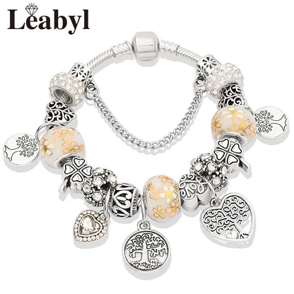 Antique Tibetan Silver Tree of Life Charm Bracelets Green Crystal Flower Bead Bracelet with Heart Diy Jewelry Pulsera Mujer