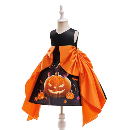 Girl Halloween costume 4-8 Yrs Halloween Theme Party Dresses Skeleton Bat Pumpkin Print Frocks Luxury Fluffy Kids Elegant Gown
