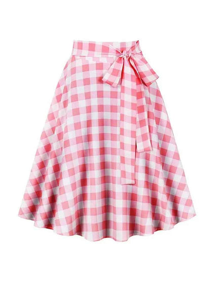 Women's High Waist Pleated Midi Skirts Female Summer Plaid Vintage Casual A-line Loose Skirt With Belt Pocket