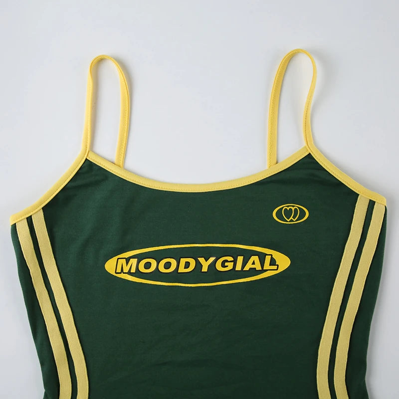 HEYounGIRL Tennis Style Spaghetti Strap Mini Dress Letter Print Contrast Color Sleeveless Women Short Dresses Summer Casual - AMULET RING STORE