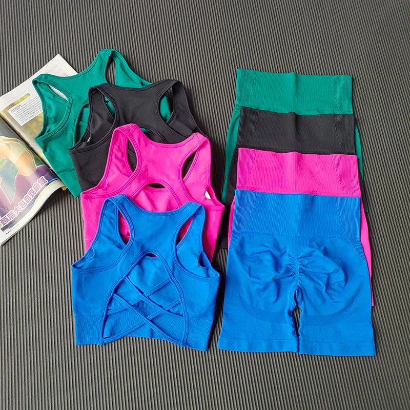 High Waist Seamless Fitness Suit Shockproof Sports Bra Women Quick-drying Training for Lifting Buttocks Three-point Shorts Sets