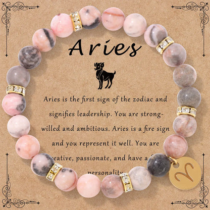 MHS.SUN 12 Star Zodiac Sign Pink Zebra Stone Beaded Bracelets Constellation Fashion Birthday Party Jewelry For Women Men