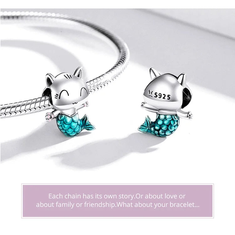 BISAER 925 Sterling Silver Charm Ocean Style Fish Dolphin Mermaid Shell Blue CZ Bead For Necklace&Bracelet DIY Fine Jewelry Gift - AMULET RING STORE