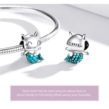 BISAER 925 Sterling Silver Charm Ocean Style Fish Dolphin Mermaid Shell Blue CZ Bead For Necklace&Bracelet DIY Fine Jewelry Gift - AMULET RING STORE