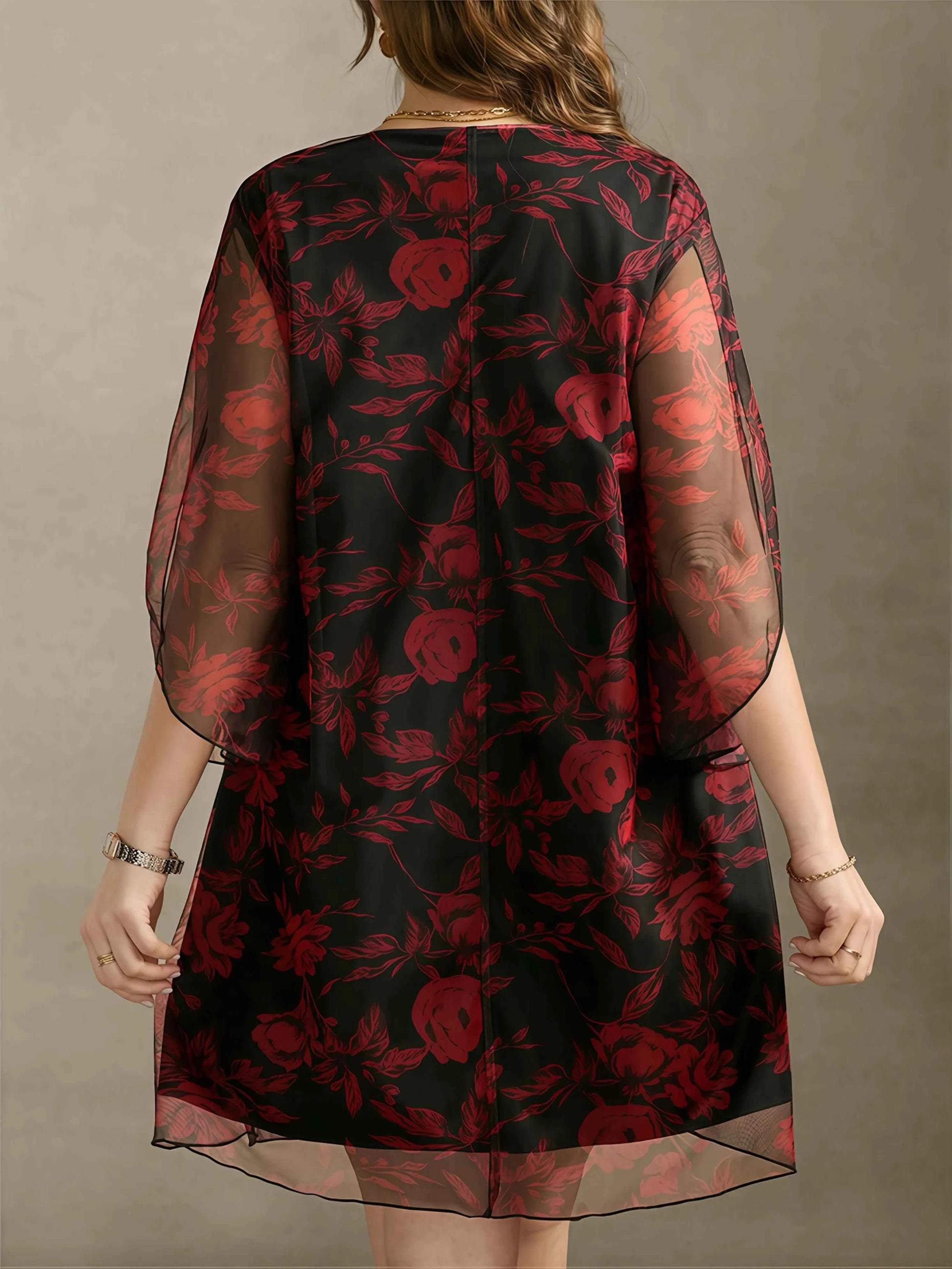 Boho Floral Print Maxi Dress - Layered Mesh V-Neck Plus Size Women's Dress