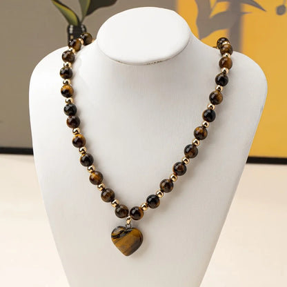 Luxurious Tiger Eye Stone Beaded Necklace for Women Men Heart Pendant High Quality Choker Elegant Style Jewelry Accessories Gift