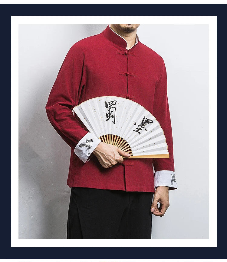 New Crane Embroidery Top Traditional Chinese Clothing for Men Vintage Half Sleeve Linen Shirts Solid Madarin Collar Hanfu Kungfu