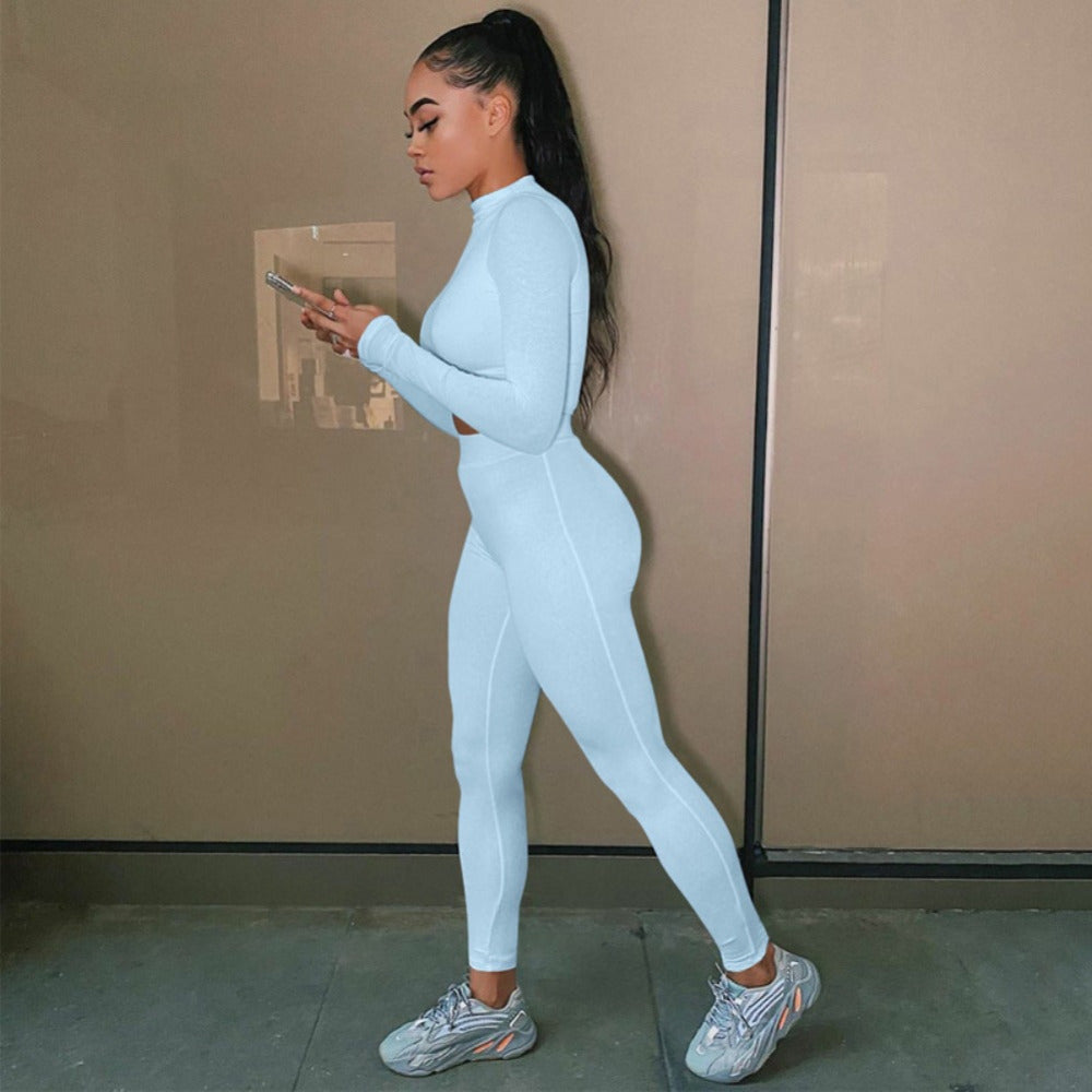 Two Piece Sets Women Solid Autumn Tracksuits High Waist Stretchy Sportswear Hot Crop Tops And Leggings Matching Outfits