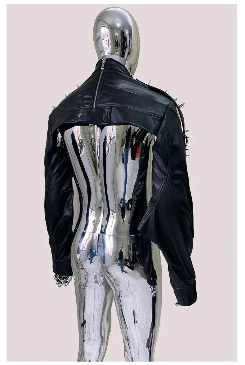 Mauroicardi Spring Autumn Cool Black Cropped Faux Leather Jacket Men Rivet Long Sleeve Zip Up Luxury Punk Style Emo Clothes 2025