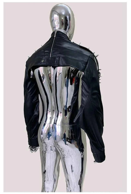 Mauroicardi Spring Autumn Cool Black Cropped Faux Leather Jacket Men Rivet Long Sleeve Zip Up Luxury Punk Style Emo Clothes 2025