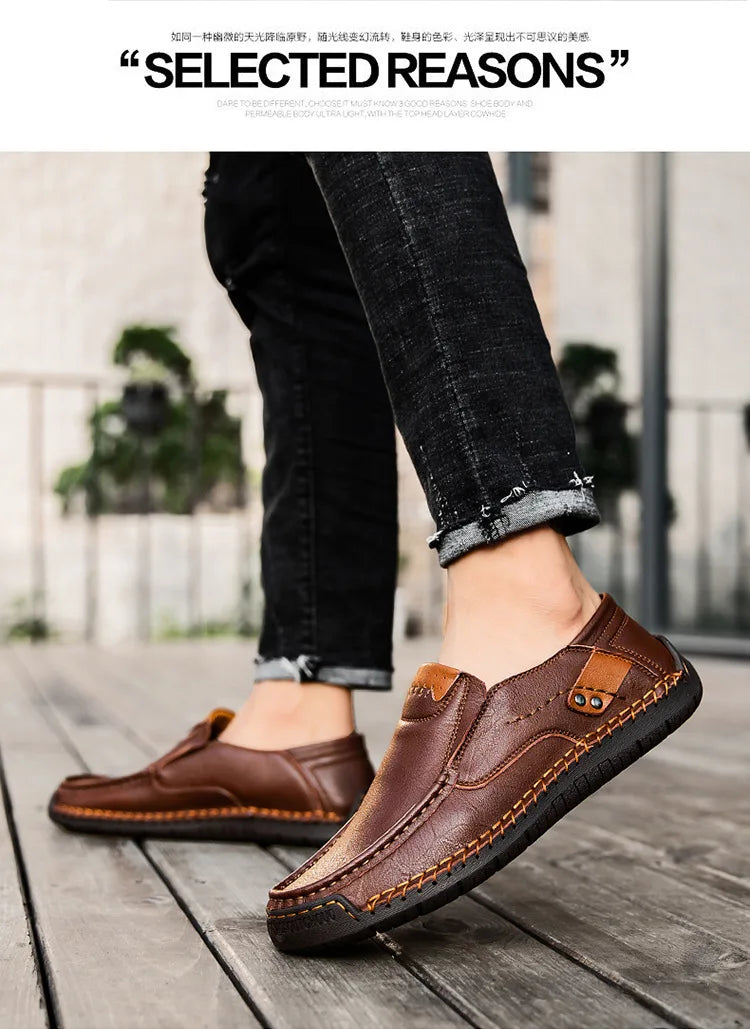 New Handmade Leather Men Shoes Casual Comfortable Men Loafers Slip On Leather Shoes Men Flats Hot Sale Outdoor  Walking Shoes