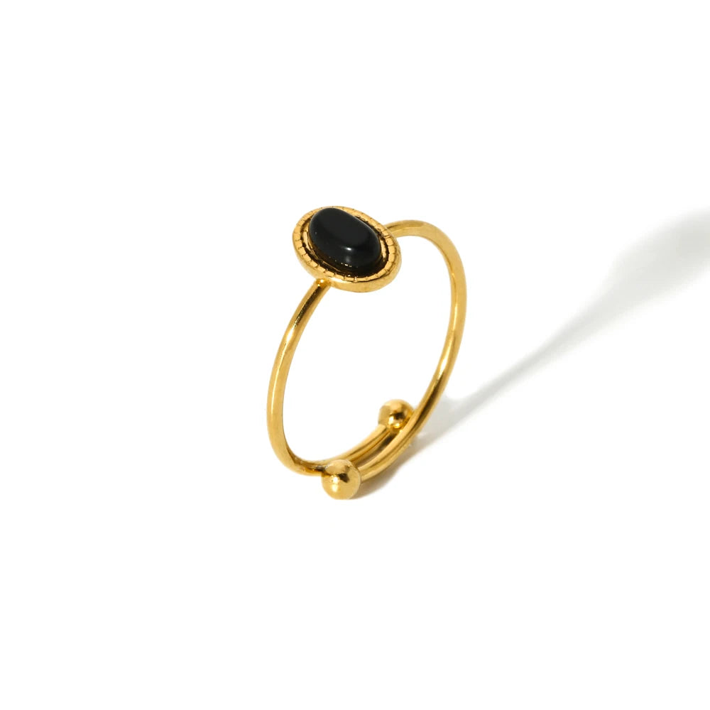 Stainless steel 18k Gold plated Minimalist ring Natural stone Obsidian Adjustable Stackable ring for Women