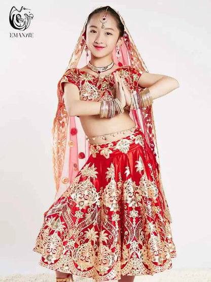 Yiman exotic Indian dance ethnic style children's dance costume, sari embroidery Tang costume, big swing skirt, Lengha set