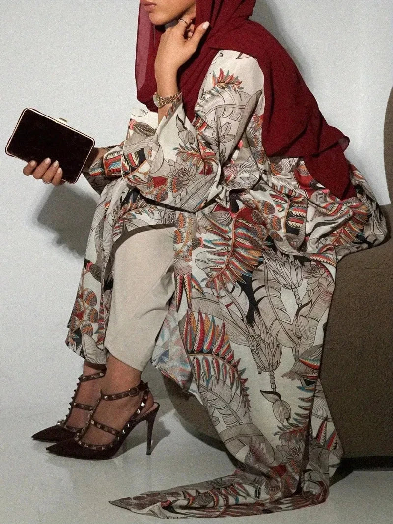 Middle Eastern Loose Printed Floral Abaya Muslim Full Sleeve Open Front Abayas Women Jilbabs Islamic Maxi Dresses Turkey Kaftans - AMULET RING STORE